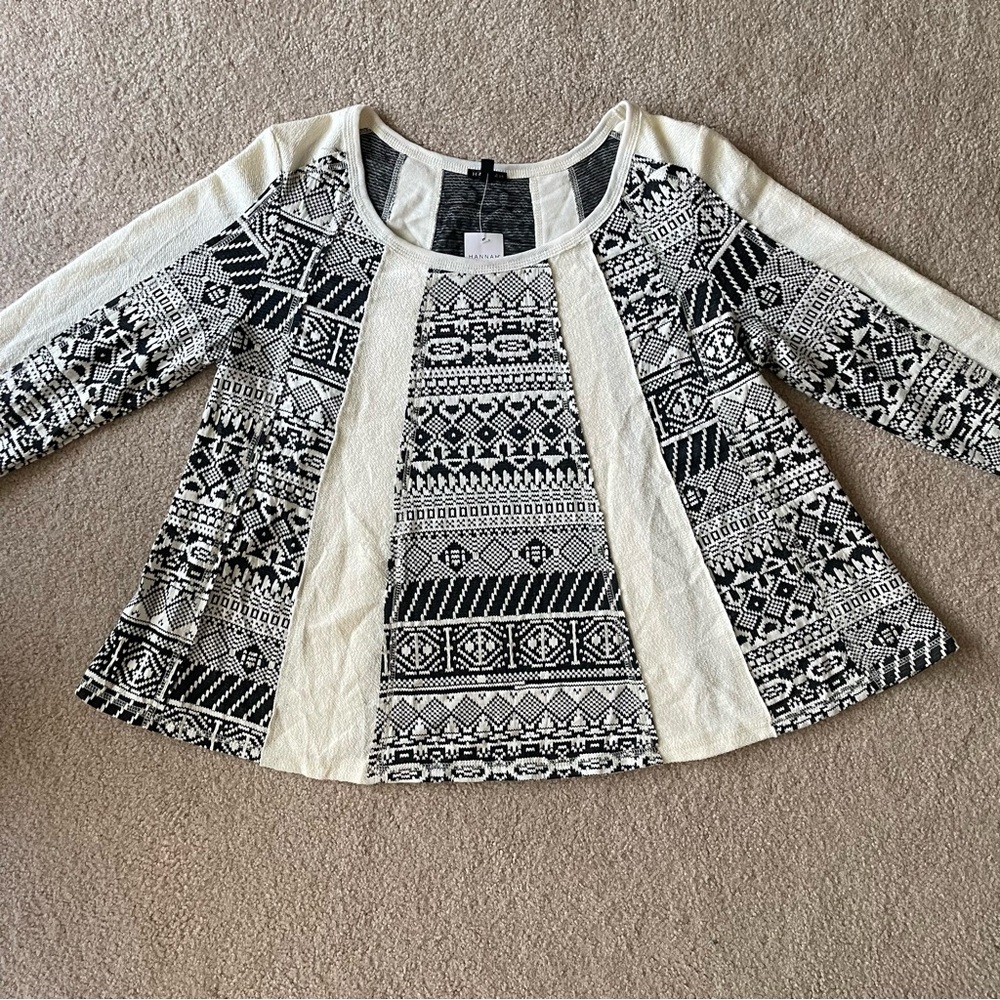Hannah Black White Geometric Tribal Print Tunic Top Size Large Boho Aztec